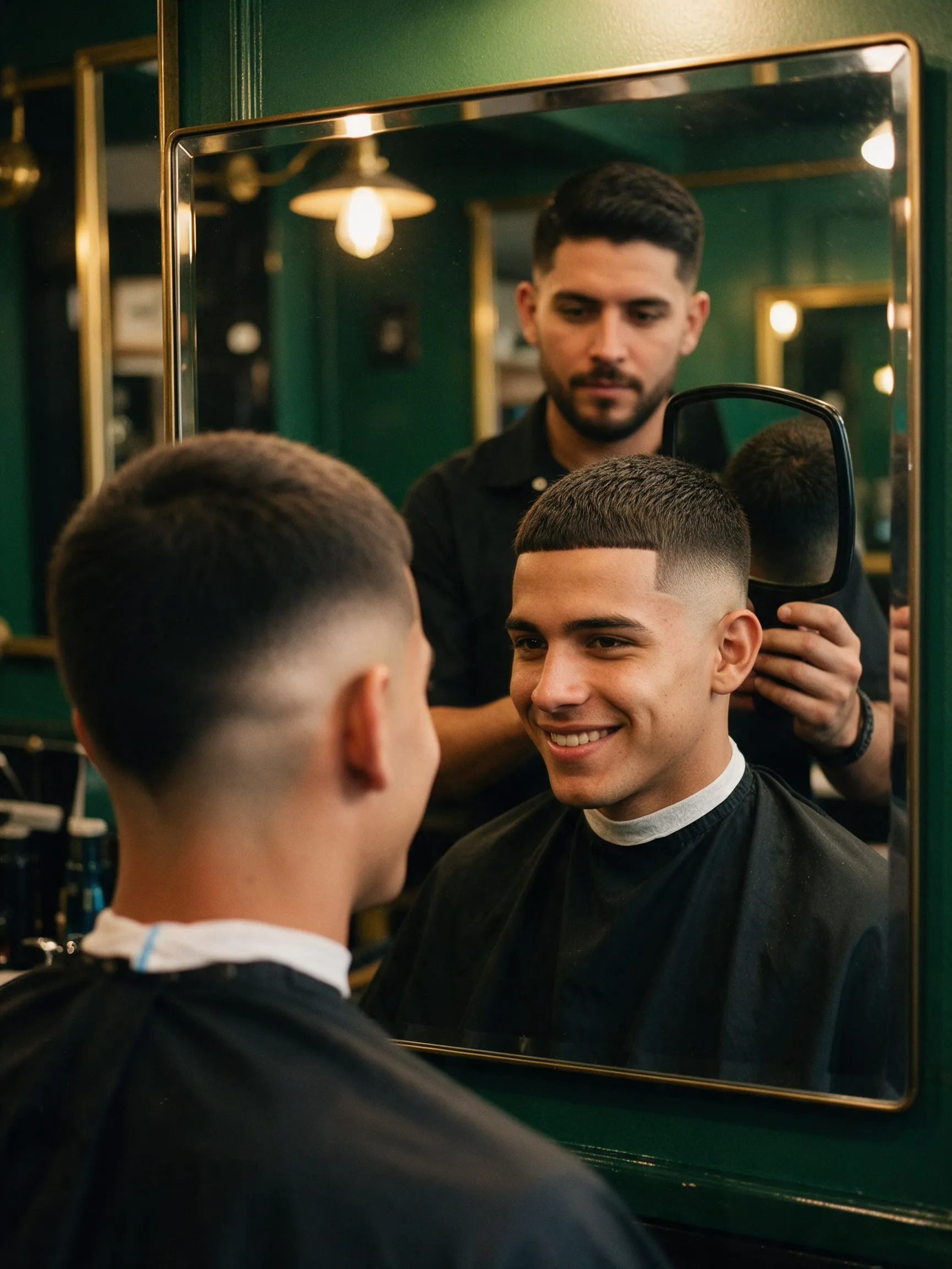 Cliente sonriendo frente al espejo después del corte