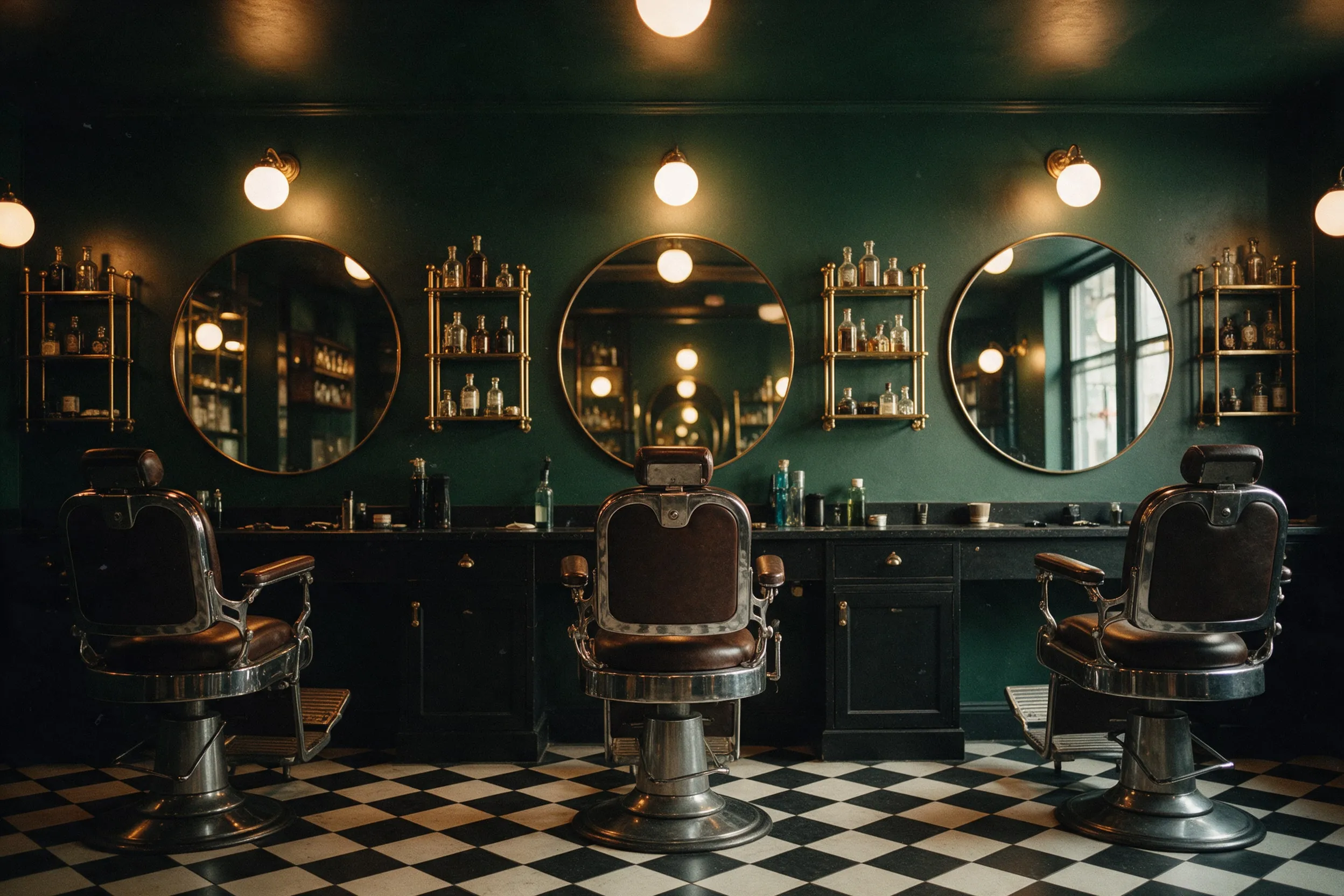 Tres sillas de barbero frente a espejos redondos y piso de ajedrez