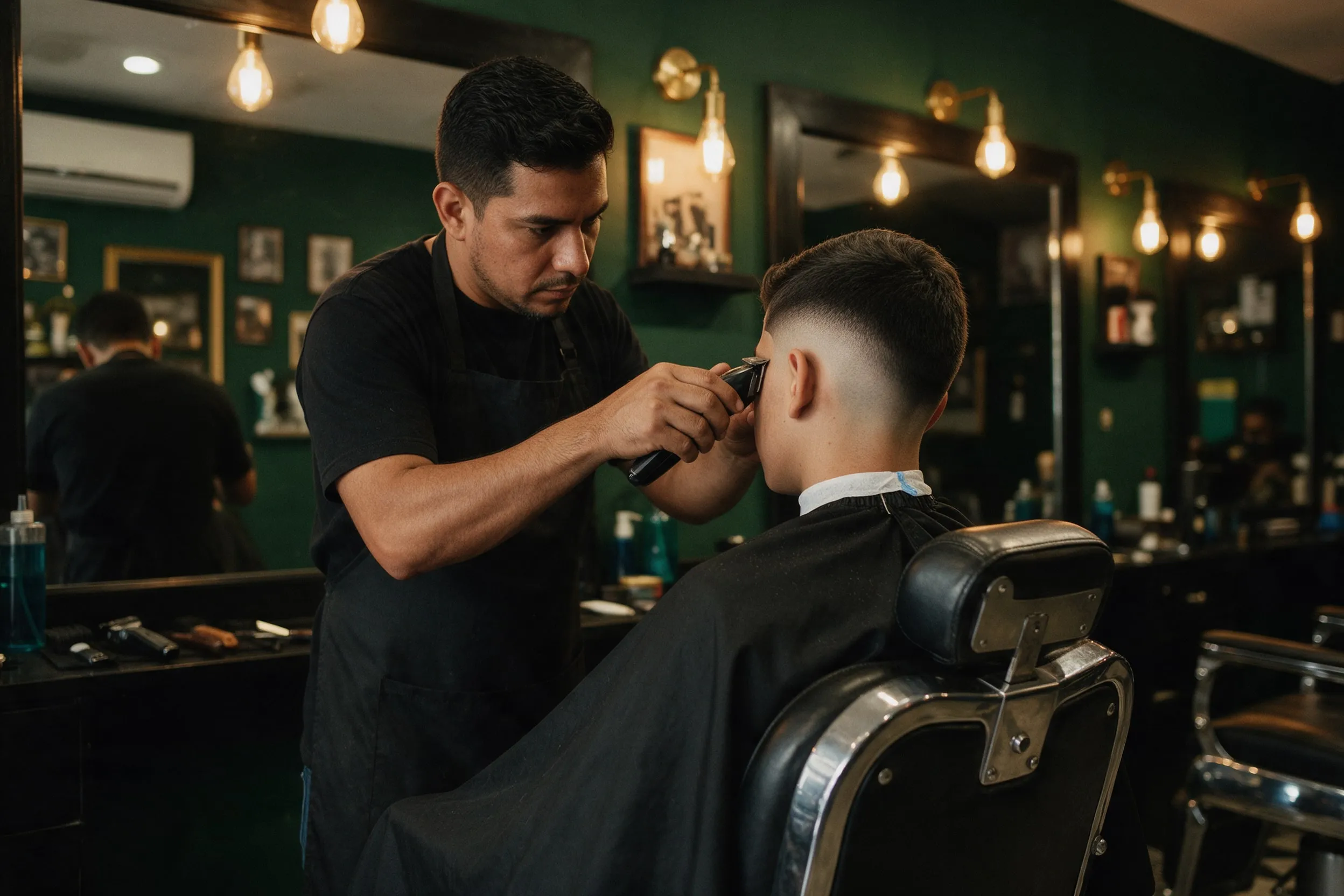 Corte con máquina en la barbería, con la pared verde de fondo