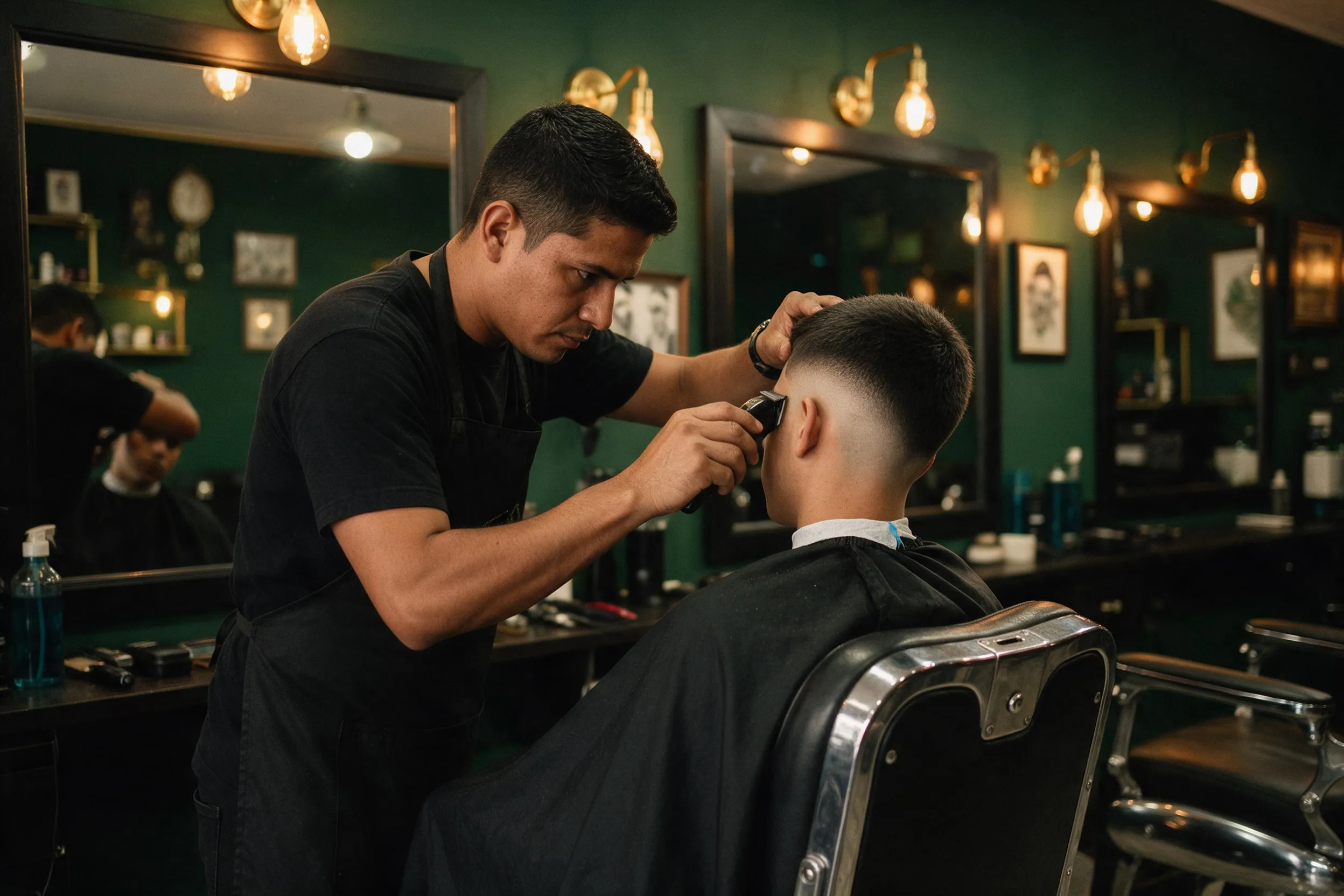 Barbero haciendo un degradado en la silla de cuero